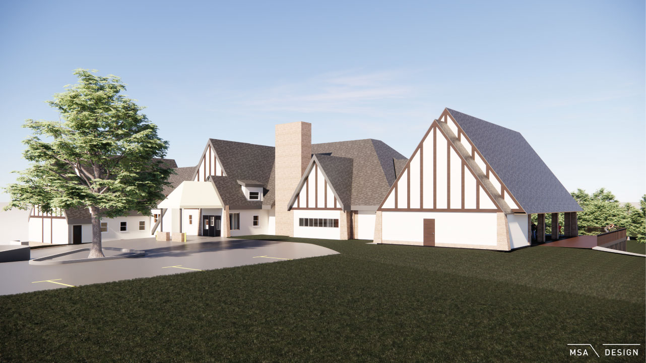 Foundation rendering of Clubhouse view from front drive